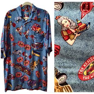 Joe Kealoha Mens Aloha The Wonder Gas Cars Route 101 Button Up S/S Rayon Shirt M